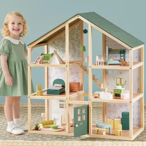 Tiny Land Wooden Dollhouse for Girls - 6 Rooms Wooden Doll House, DIY Pretend Doll House with 32Pcs Furniture Accessories, Creative Gift for Girl Ages 3 , Green