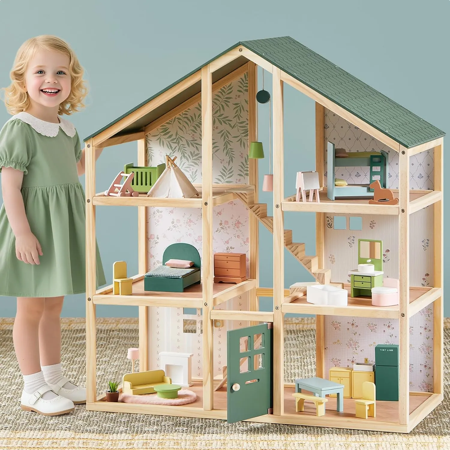 Tiny Land Wooden Dollhouse for Girls - 6 Rooms Wooden Doll House, DIY Pretend Doll House with 32Pcs Furniture Accessories, Creative Gift for Girl Ages 3 , Green