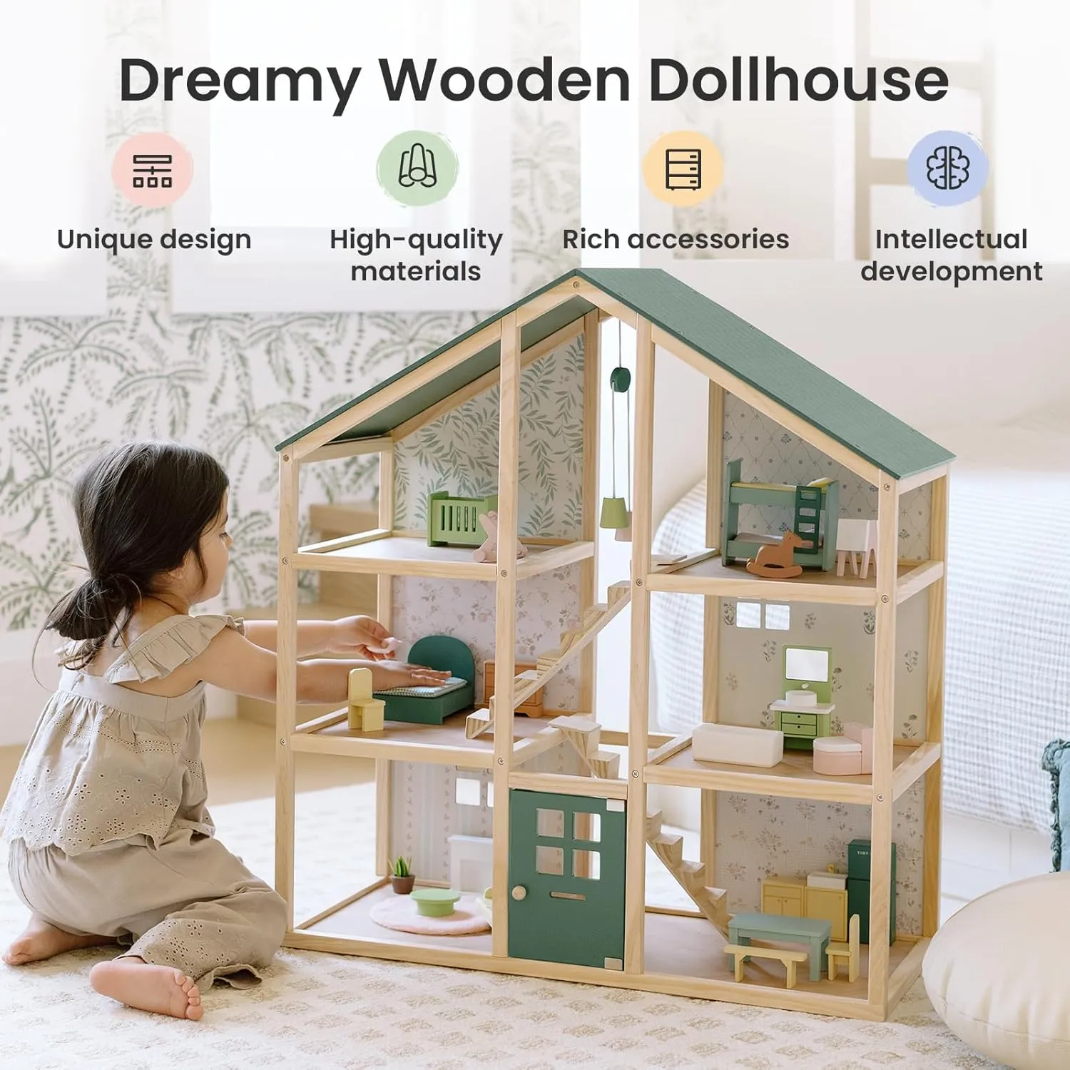 Tiny Land Wooden Dollhouse for Girls - 6 Rooms Wooden Doll House, DIY Pretend Doll House with 32Pcs Furniture Accessories, Creative Gift for Girl Ages 3 , Green