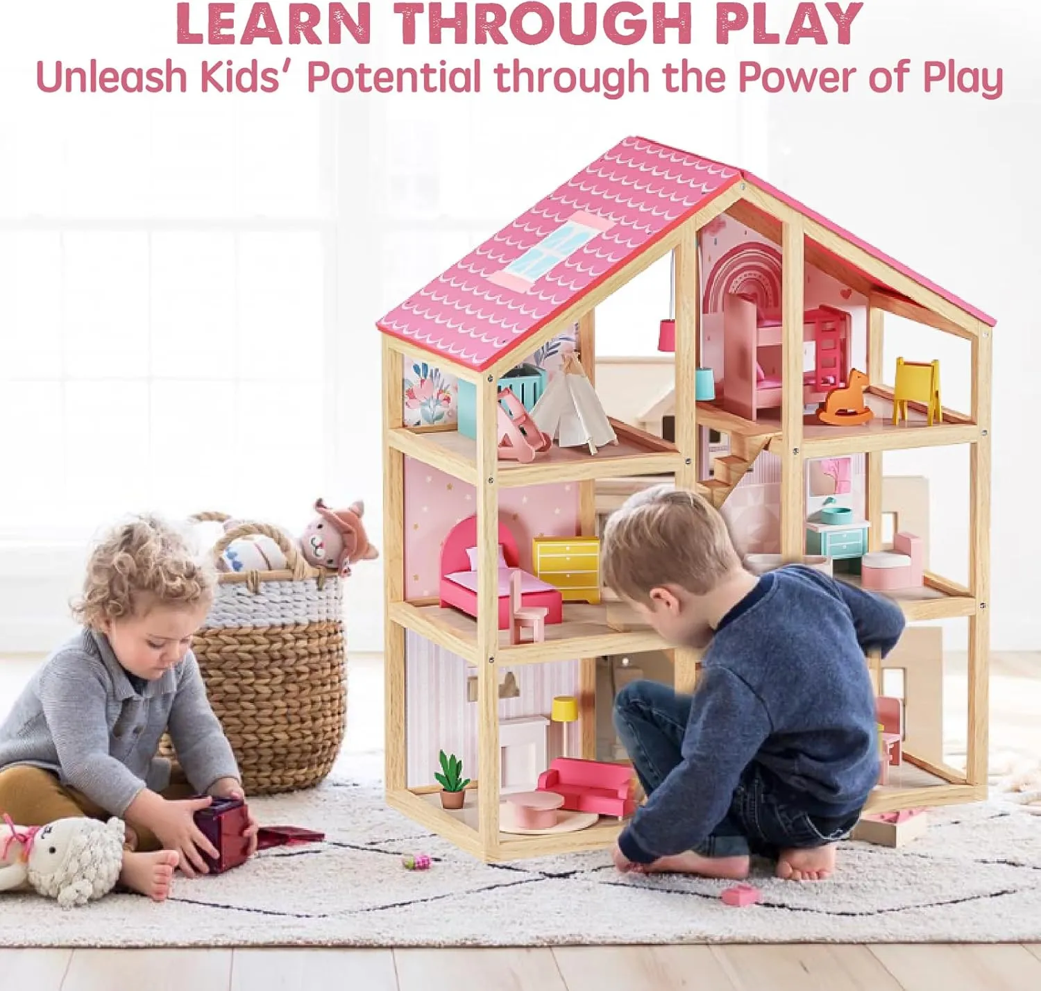 Tiny Land Wooden Dollhouse for Girls - 6 Rooms Wooden Doll House, DIY Pretend Doll House with 32Pcs Furniture Accessories, Creative Gift for Girl Ages 3 