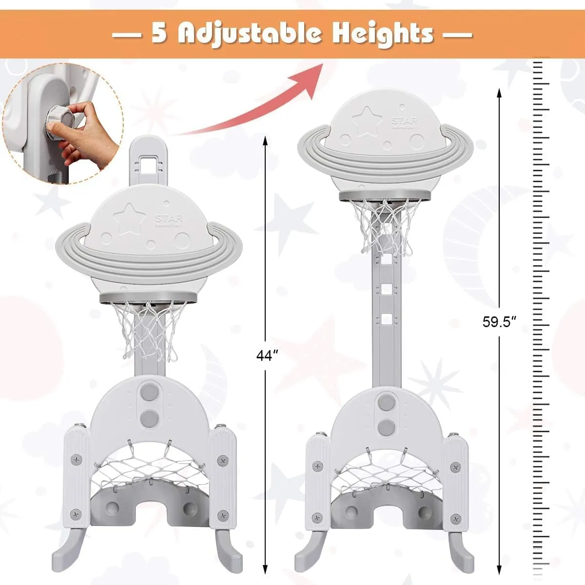 Toddler Basketball Hoop, 3-in-1 Kids Sports Activity Center with Basketball Soccer Golf Game Set, 5 Adjustable Height Levels, Portable Indoor Outdoor Sports Playset, Gift for Kids 1-3
