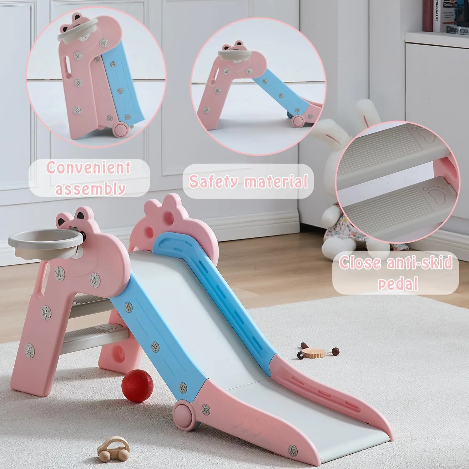 Toddler Slide Kids Slide for Indoor & Outdoor Playset Playground Backyard Climber Set with Basketball Hoop Freestanding Baby Plastic Foldable Slide, Easy Assembly