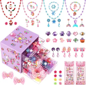Toddler Toys for Ages 5-7 Girls Jewelry Set,51 Pcs Kids Toys for girls age 8-10 Clip on Earrings,Princess Toys Adjustable Ring,Girls Toys Age 3 4 5 6-8 Year Old Birthday Christmas Gifts Hair Clip