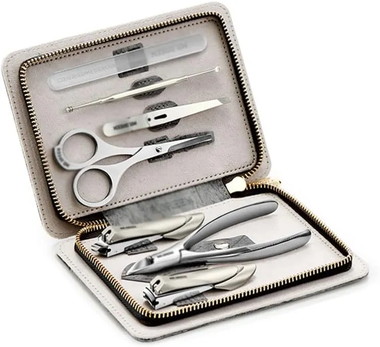 Toenail Clippers 7-Piece Stainless Steel Nail Set, Professional Pedicure Nail Set, Portable Travel Beauty Set with Portable Fashion Bag (Gray/Brown) Nail Clipper Set (Color : Gris)