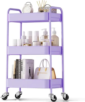 TOOLF 3-Tier Metal Rolling Cart with Wheels, Storage Utility Organizer Cart for Kitchen, Bathroom, Office, Baby Essentials & Makeup - Lockable Casters, Easy Assembly, 132 lbs Capacity, Purple