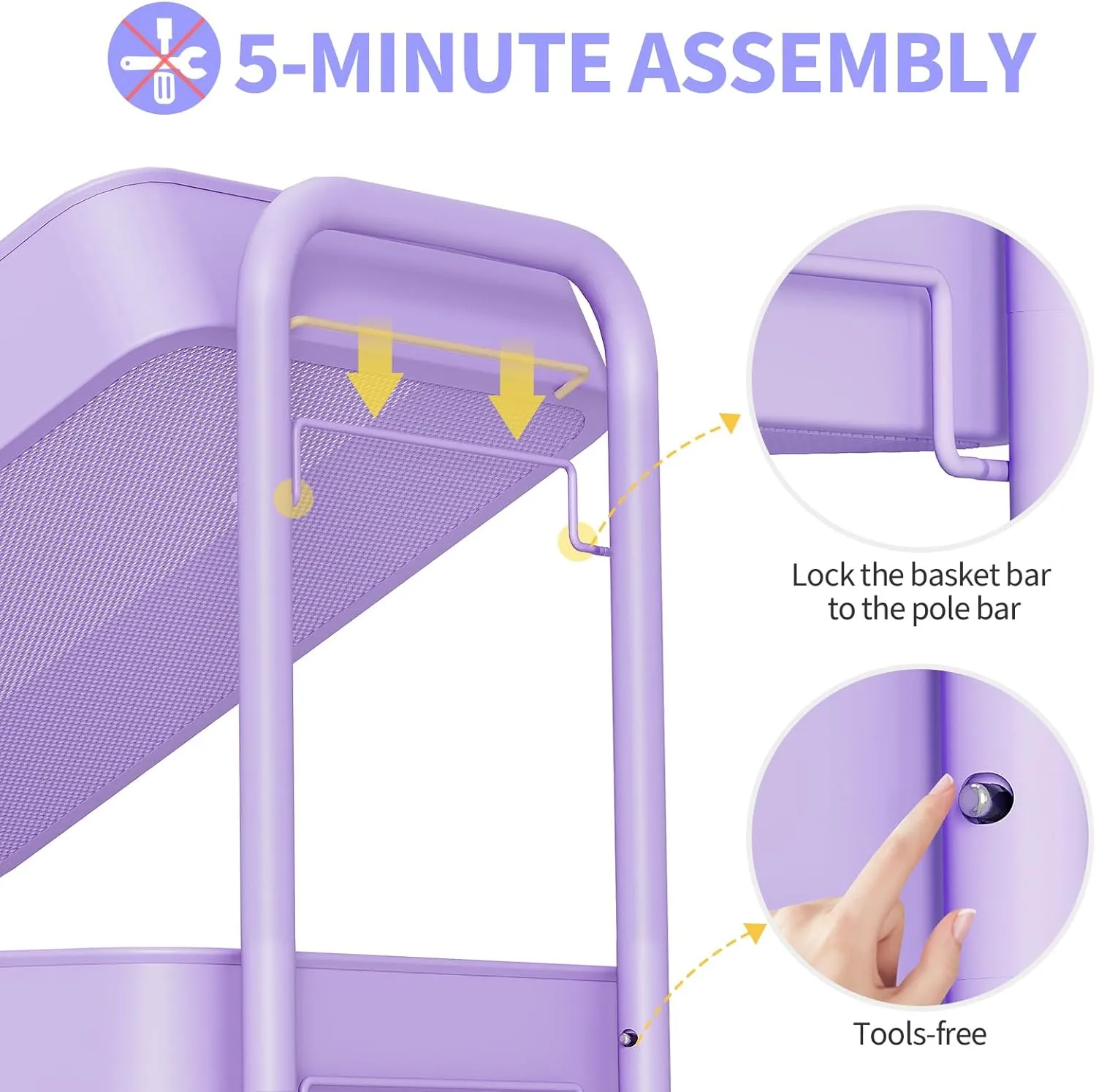 TOOLF 3-Tier Metal Rolling Cart with Wheels, Storage Utility Organizer Cart for Kitchen, Bathroom, Office, Baby Essentials & Makeup - Lockable Casters, Easy Assembly, 132 lbs Capacity, Purple
