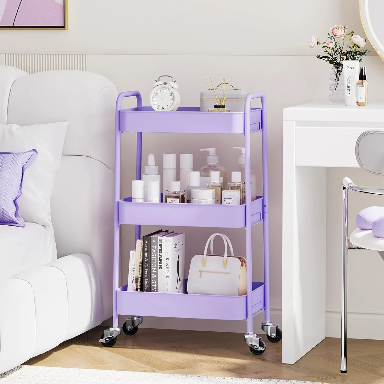 TOOLF 3-Tier Metal Rolling Cart with Wheels, Storage Utility Organizer Cart for Kitchen, Bathroom, Office, Baby Essentials & Makeup - Lockable Casters, Easy Assembly, 132 lbs Capacity, Purple