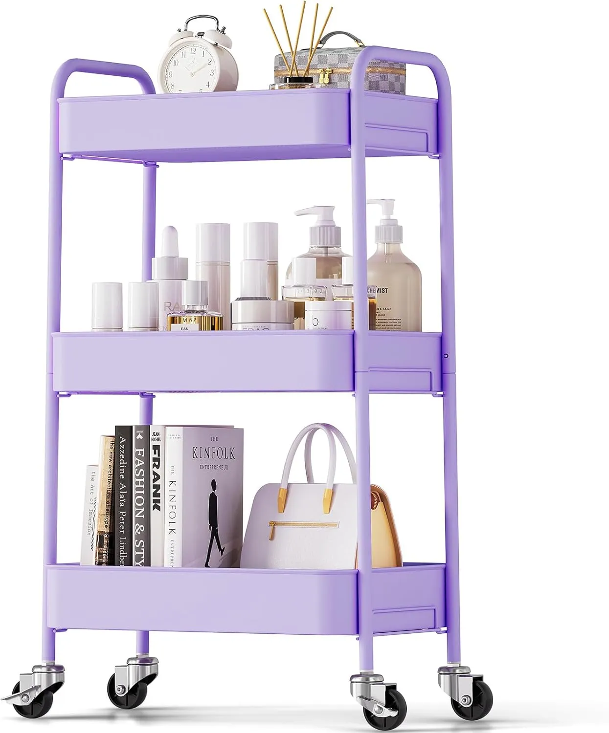TOOLF 3-Tier Metal Rolling Cart with Wheels, Storage Utility Organizer Cart for Kitchen, Bathroom, Office, Baby Essentials & Makeup - Lockable Casters, Easy Assembly, 132 lbs Capacity, Purple