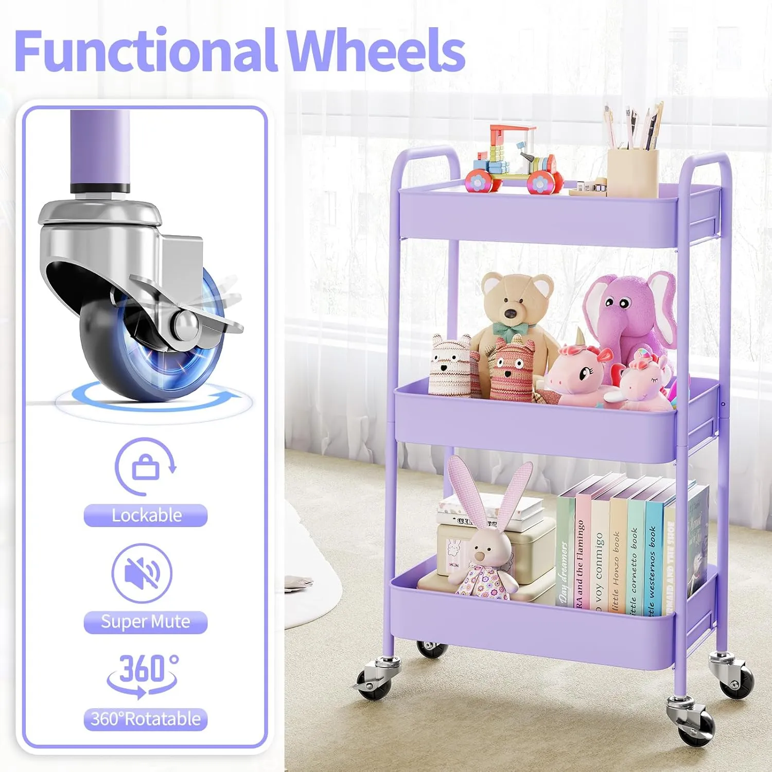 TOOLF 3-Tier Metal Rolling Cart with Wheels, Storage Utility Organizer Cart for Kitchen, Bathroom, Office, Baby Essentials & Makeup - Lockable Casters, Easy Assembly, 132 lbs Capacity, Purple