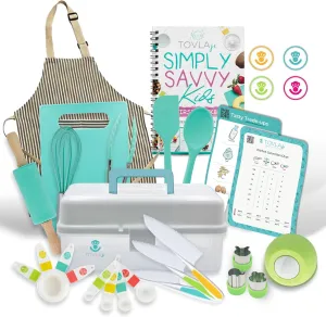 Tovla Jr. Kids Real Cooking and Baking Gift Set with Cookbook and Storage Case- Montessori Complete Cooking Supplies for the Junior Chef - Set for Girls & Boys - Utensils and Kid Safe Knives.