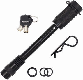 TowWorks 79830 Keyed Alike 5/8" Trailer Hitch Lock with Extra Long 4-1/2" Span, Double Safety Tow Hitch Locking Pin for 3" Receivers and Adjustable Channel Mounts