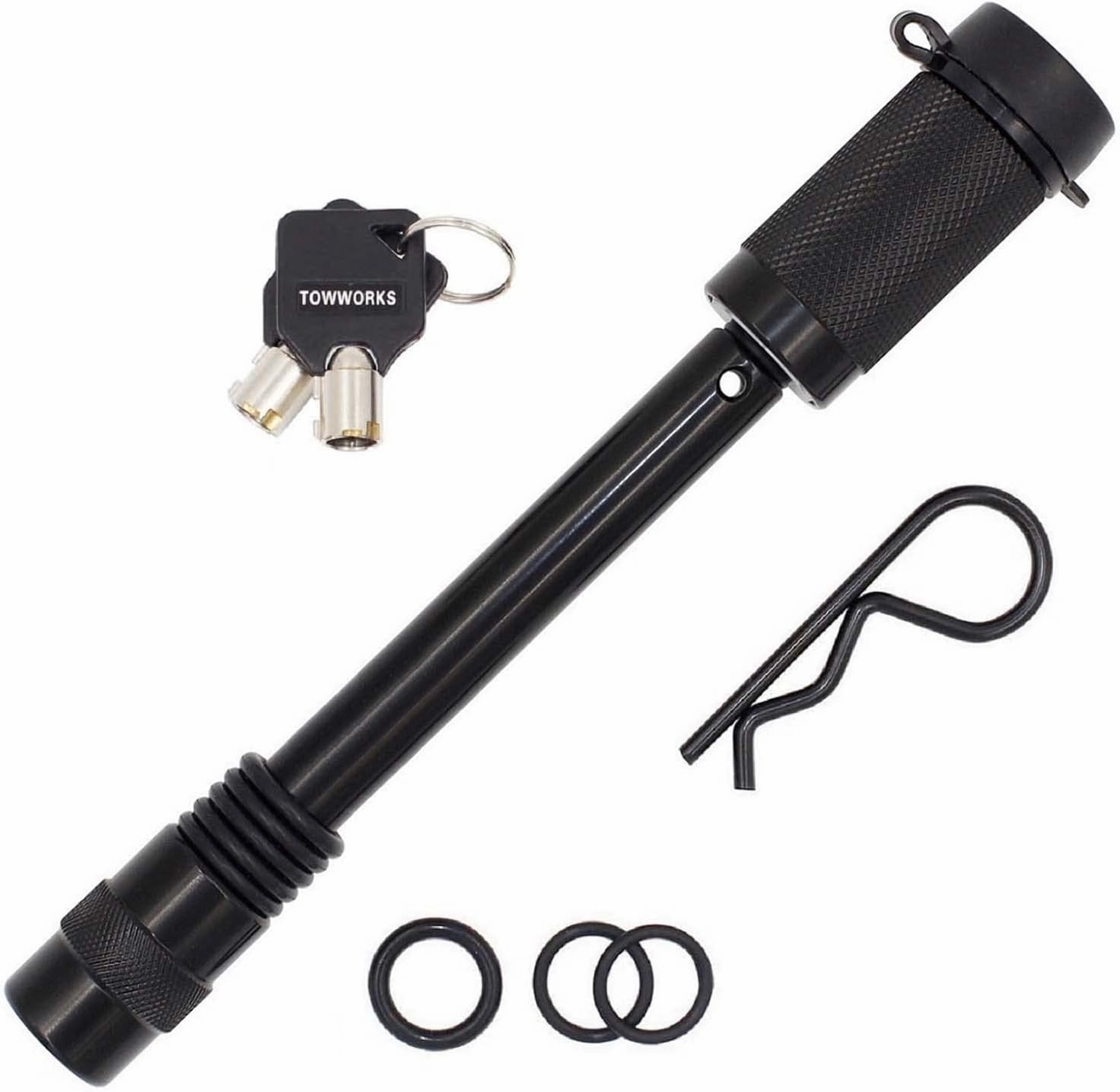 TowWorks 79830 Keyed Alike 5/8" Trailer Hitch Lock with Extra Long 4-1/2" Span, Double Safety Tow Hitch Locking Pin for 3" Receivers and Adjustable Channel Mounts