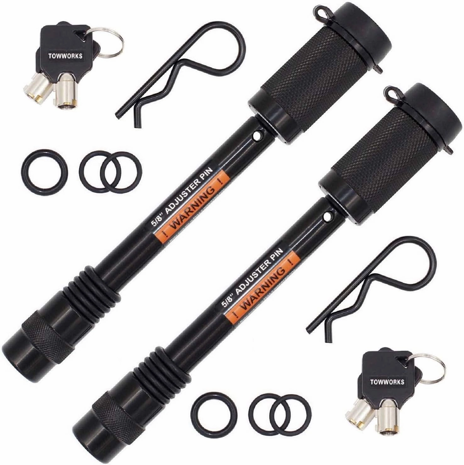 TowWorks 79832 Keyed Alike 5/8" Trailer Hitch Lock with Extra Long 4-1/2" Span, Double Safety Tow Hitch Locking Pin for 3" Receivers and Adjustable Channel Mounts, 2-Pack