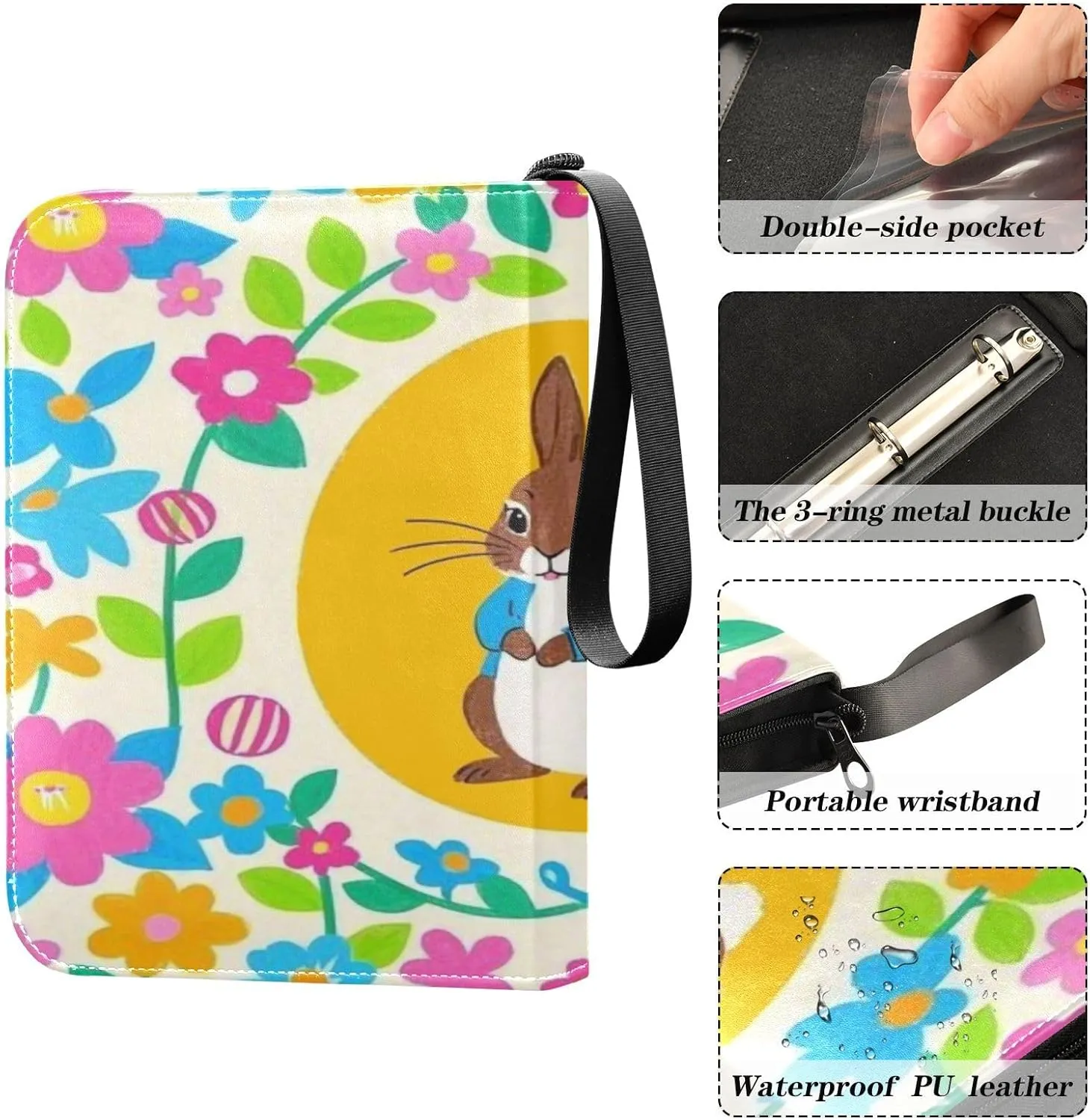 Trading Card Storage Binder PU Leather Card Holder with Zipper 400 Slots Collector Album Waterproof Card Organizer Bright Colorful Easter Eggs 改1