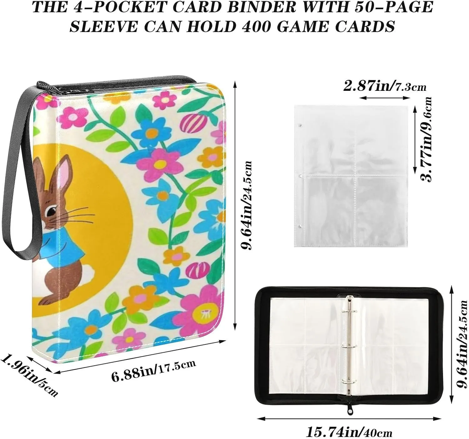 Trading Card Storage Binder PU Leather Card Holder with Zipper 400 Slots Collector Album Waterproof Card Organizer Bright Colorful Easter Eggs 改1