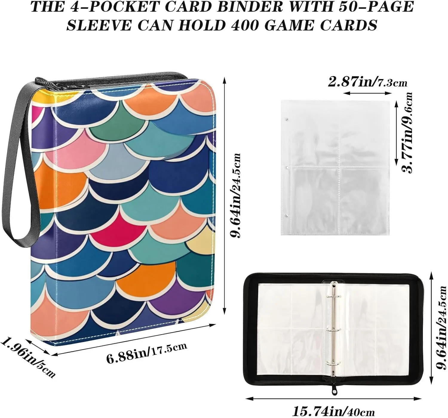 Trading Card Storage Binder PU Leather Card Holder with Zipper 400 Slots Collector Album Waterproof Card Organizer Colorful Fish Scales 01