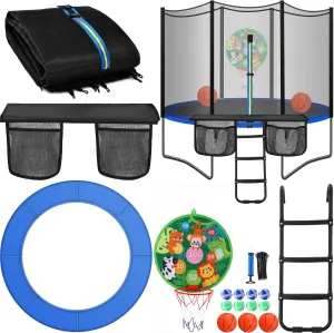 Trampoline Accessories Kit, Trampoline Replacement Pad 14ft 6 Poles Safety Net 3 Step Ladder and Storage Bag 2 in 1 Basketball Hoop Dartboards (No Poles)