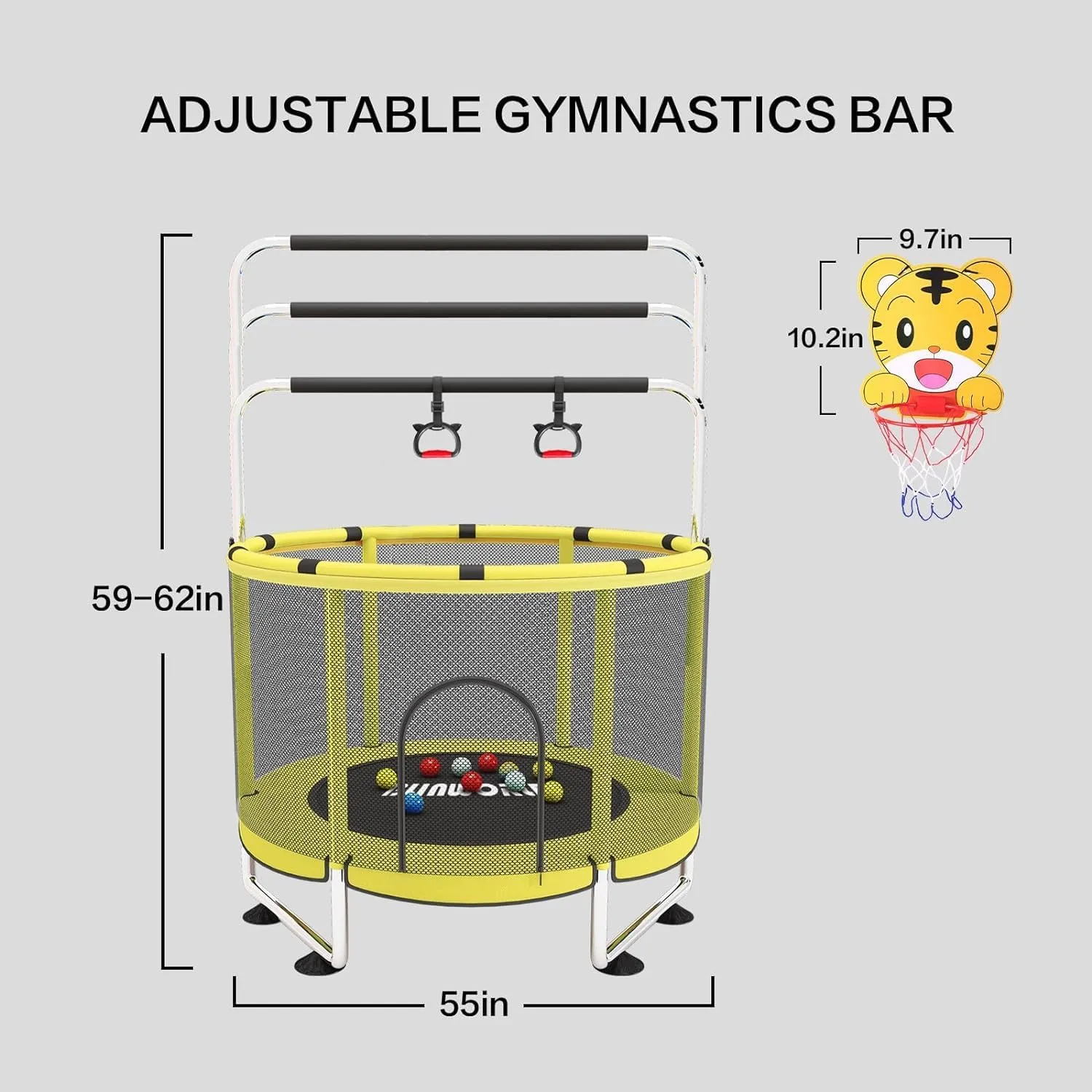 Trampoline for Kids, Adjustable Baby Toddler Trampoline with Basketball Hoop, 440lbs Indoor Outdoor Toddler Trampoline with Enclosure