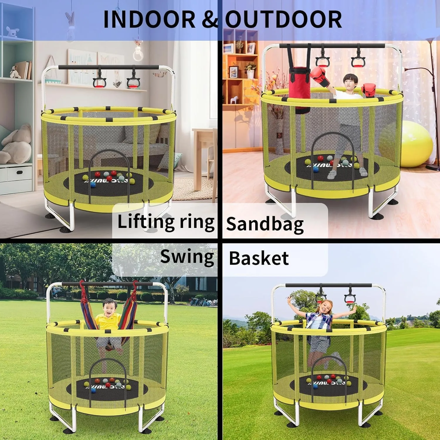 Trampoline for Kids, Adjustable Baby Toddler Trampoline with Basketball Hoop, 440lbs Indoor Outdoor Toddler Trampoline with Enclosure