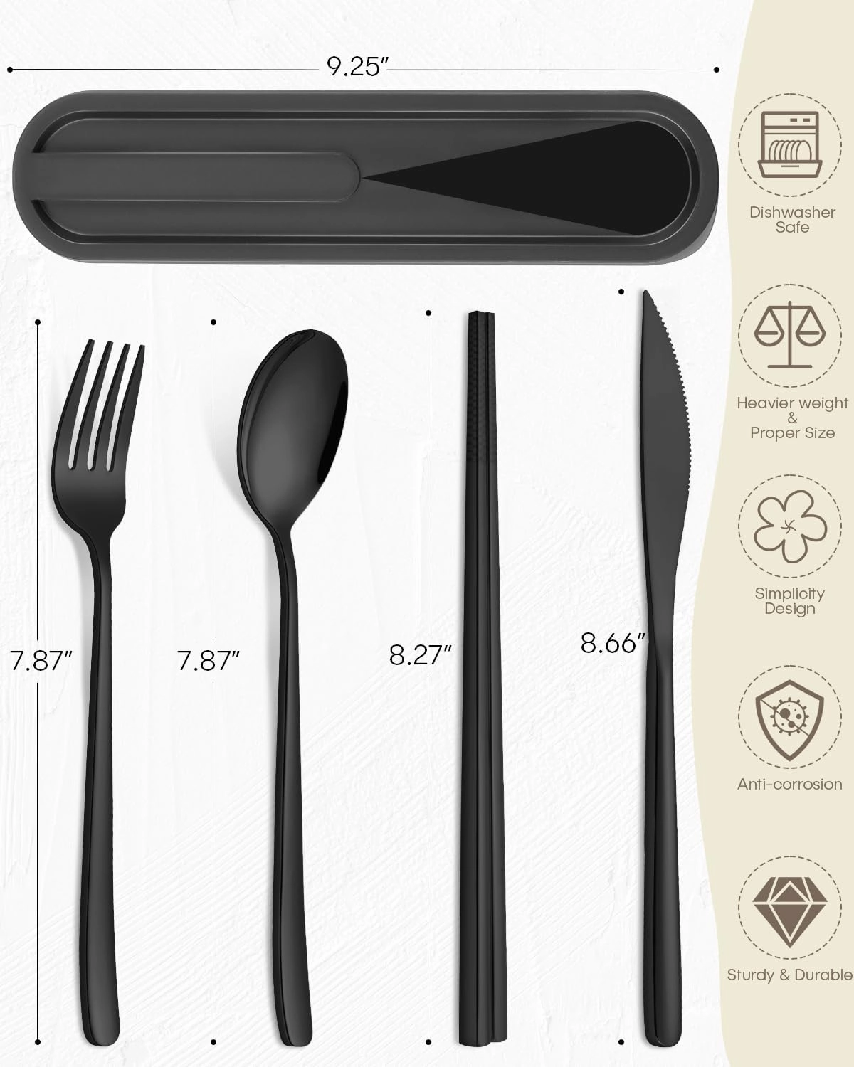 Travel Utensils with Case, PHILIPALA 2 Sets 18/8 Stainless Steel Reusable Utensils Set with Case, Travel Cutlery Set with Knife Fork and Spoon Chopsticks Set for Lunch Work Camping(Black, Sliver)