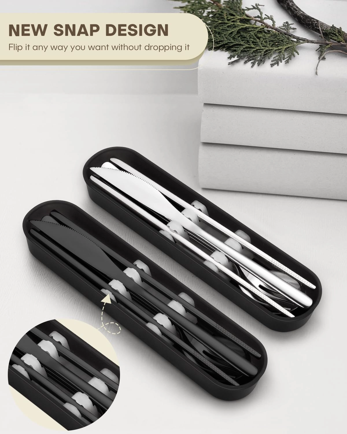 Travel Utensils with Case, PHILIPALA 2 Sets 18/8 Stainless Steel Reusable Utensils Set with Case, Travel Cutlery Set with Knife Fork and Spoon Chopsticks Set for Lunch Work Camping(Black, Sliver)