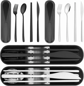 Travel Utensils with Case, PHILIPALA 2 Sets 18/8 Stainless Steel Reusable Utensils Set with Case, Travel Cutlery Set with Knife Fork and Spoon Chopsticks Set for Lunch Work Camping(Black, Sliver)