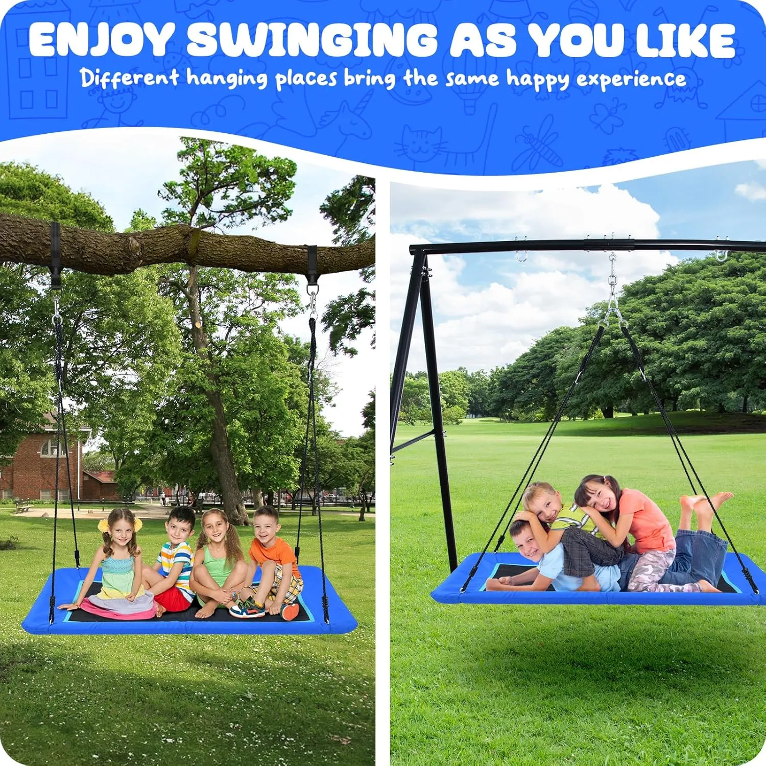 Trekassy 700lbs 60" Rectangle Platform Tree Swing for Kids and Adults Waterproof 2 Hanging Straps (Blue)