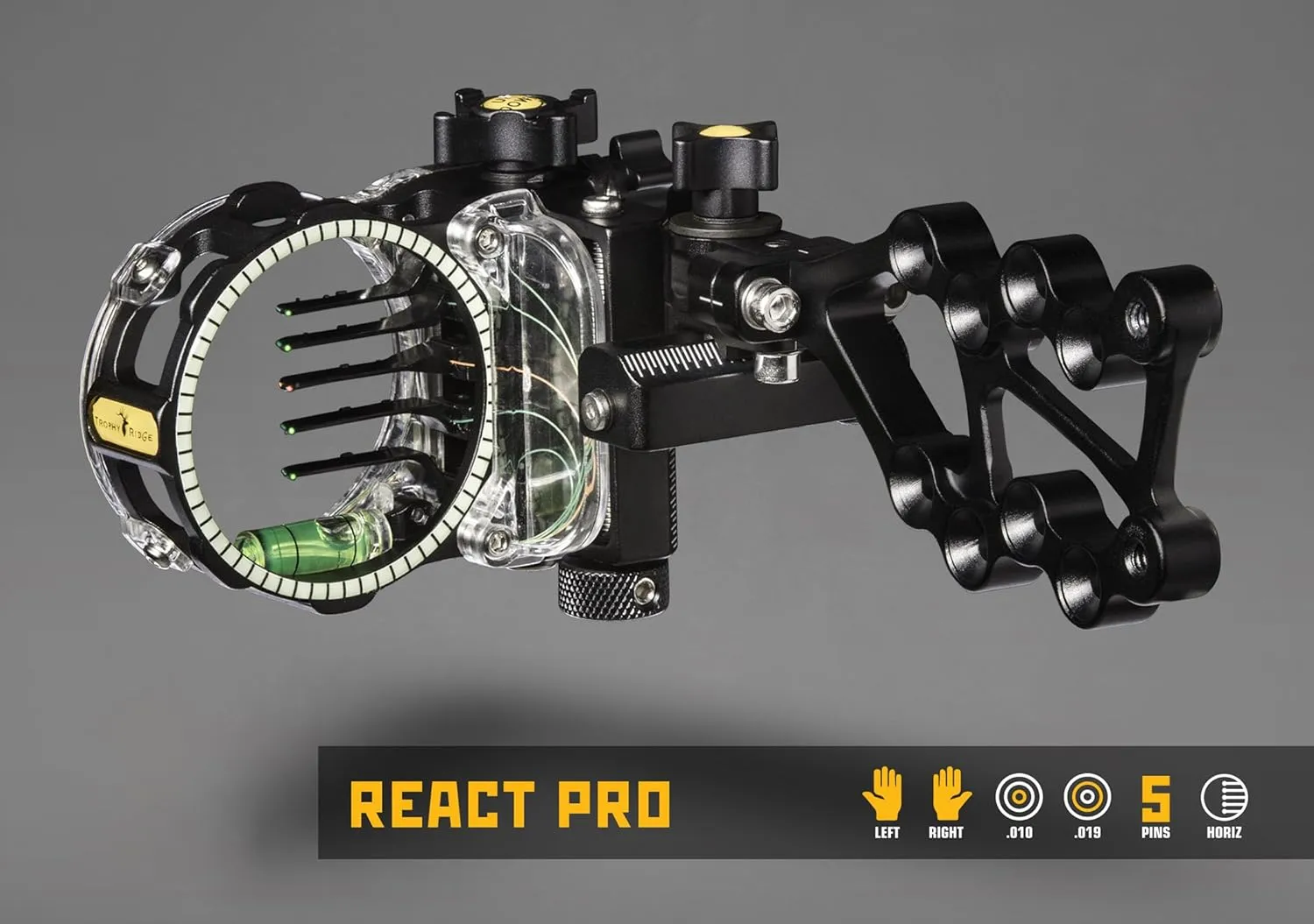 Trophy Ridge React Pro 5 Pin Bow Sight - Lighter, Stronger, More Reliable - Tool Less Windage and Elevation Adustability, 2nd/3rd Axis Leveling, Adjustable Click Light, Glow Ring