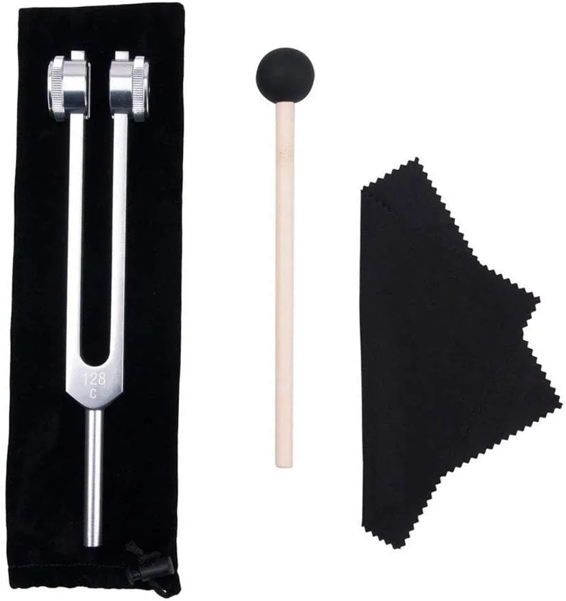 Tuning Fork, 128 Hz Tuning Fork Weights Aluminum Clinical Grade Nerve/Sensory with Silicone Hammer and Cleaning Cloth - Packaged in Soft Storage Bag - Non-Magnetic Aluminum Alloy