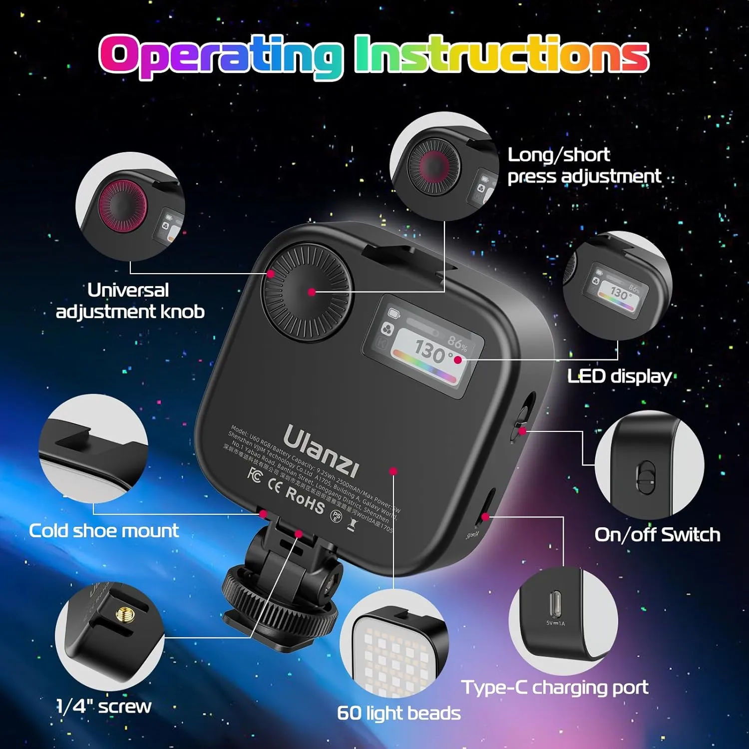 ULANZI U60 RGB Video Lights Black LED Camera Light 360° Full Color Portable Photography Lighting w Quick Release Cold Shoe Adapter and Clip, 2500mAh Rechargeable CRI 95  2500-9000K Dimmable Panel Lamp