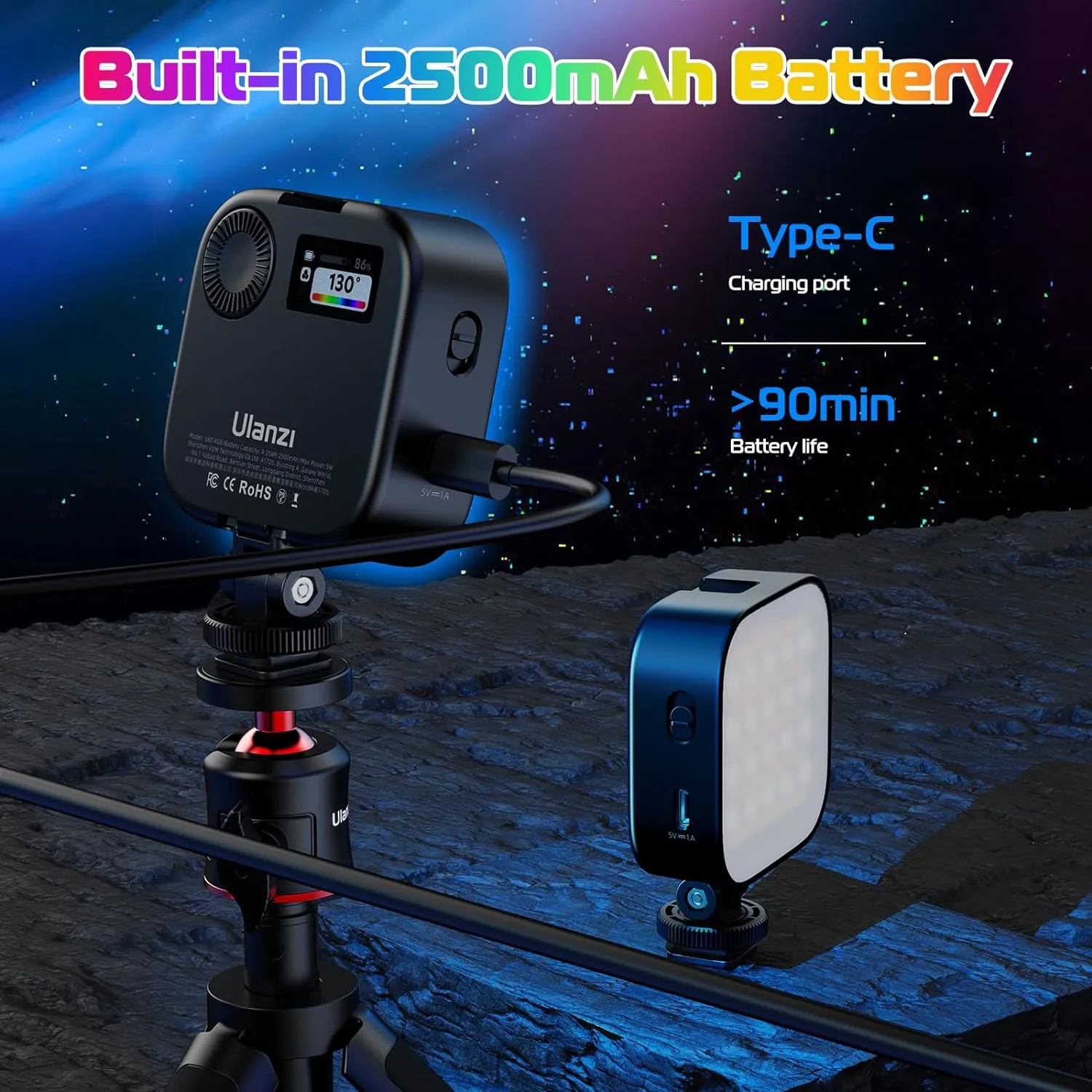 ULANZI U60 RGB Video Lights Black LED Camera Light 360° Full Color Portable Photography Lighting w Quick Release Cold Shoe Adapter and Clip, 2500mAh Rechargeable CRI 95  2500-9000K Dimmable Panel Lamp