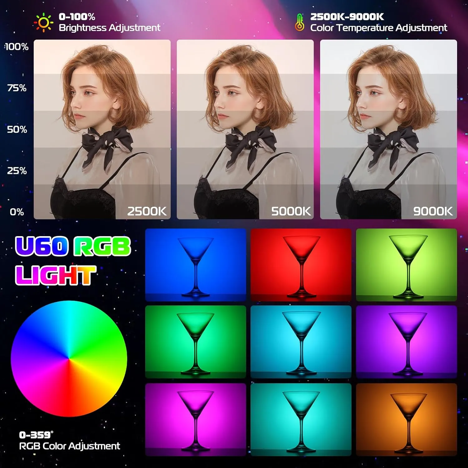 ULANZI U60 RGB Video Lights Black LED Camera Light 360° Full Color Portable Photography Lighting w Quick Release Cold Shoe Adapter and Clip, 2500mAh Rechargeable CRI 95  2500-9000K Dimmable Panel Lamp