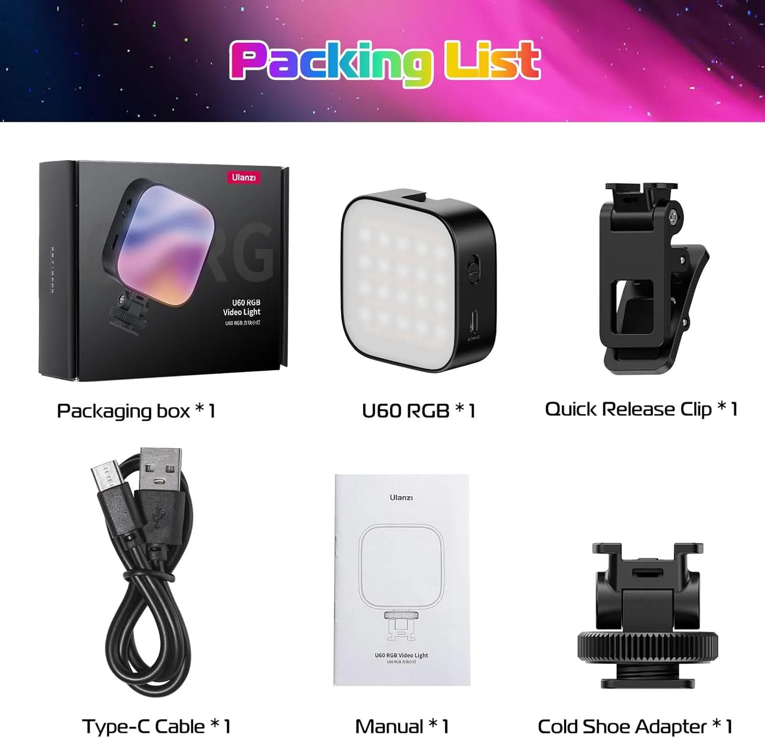 ULANZI U60 RGB Video Lights Black LED Camera Light 360° Full Color Portable Photography Lighting w Quick Release Cold Shoe Adapter and Clip, 2500mAh Rechargeable CRI 95  2500-9000K Dimmable Panel Lamp
