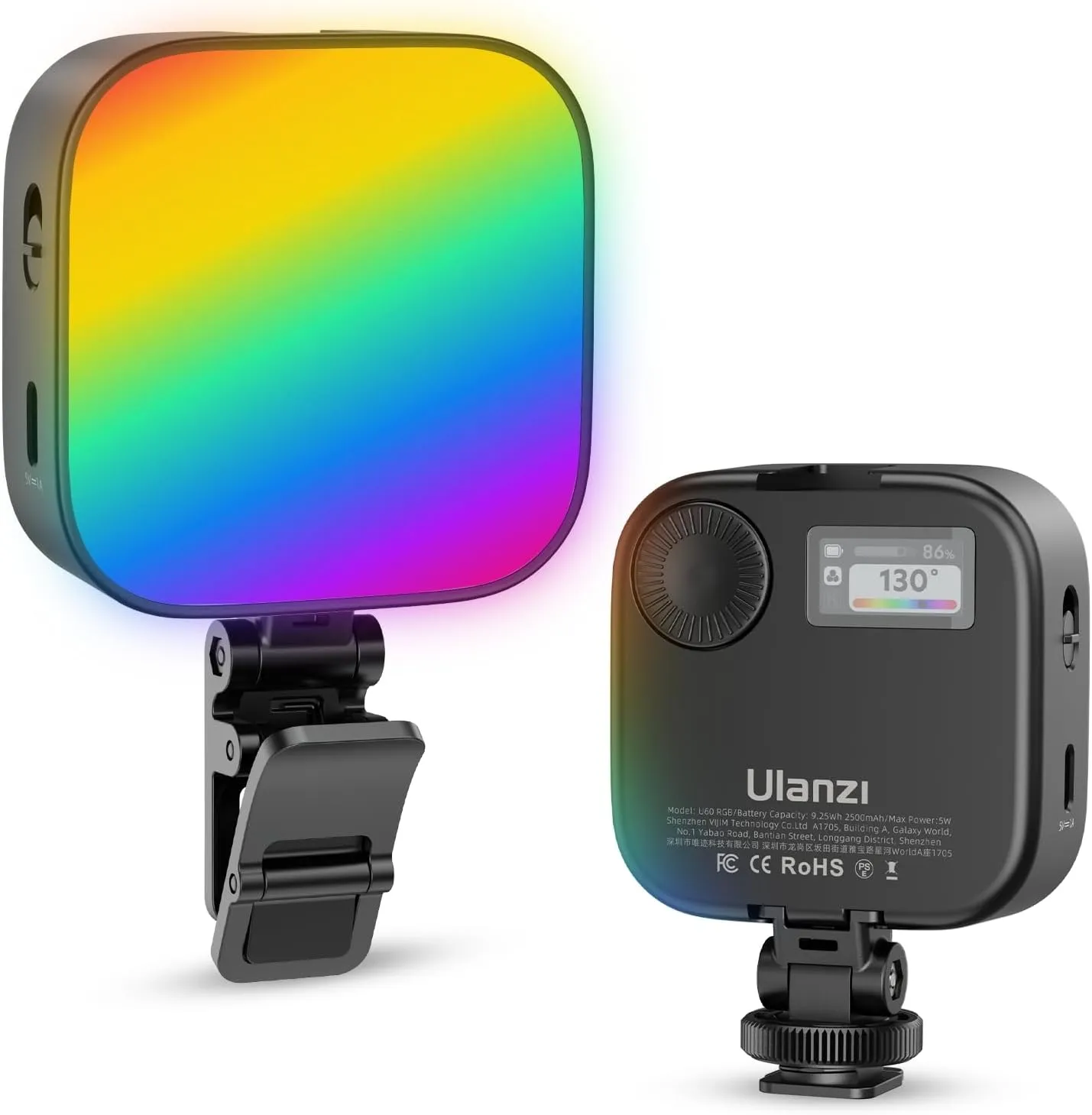 ULANZI U60 RGB Video Lights Black LED Camera Light 360° Full Color Portable Photography Lighting w Quick Release Cold Shoe Adapter and Clip, 2500mAh Rechargeable CRI 95  2500-9000K Dimmable Panel Lamp