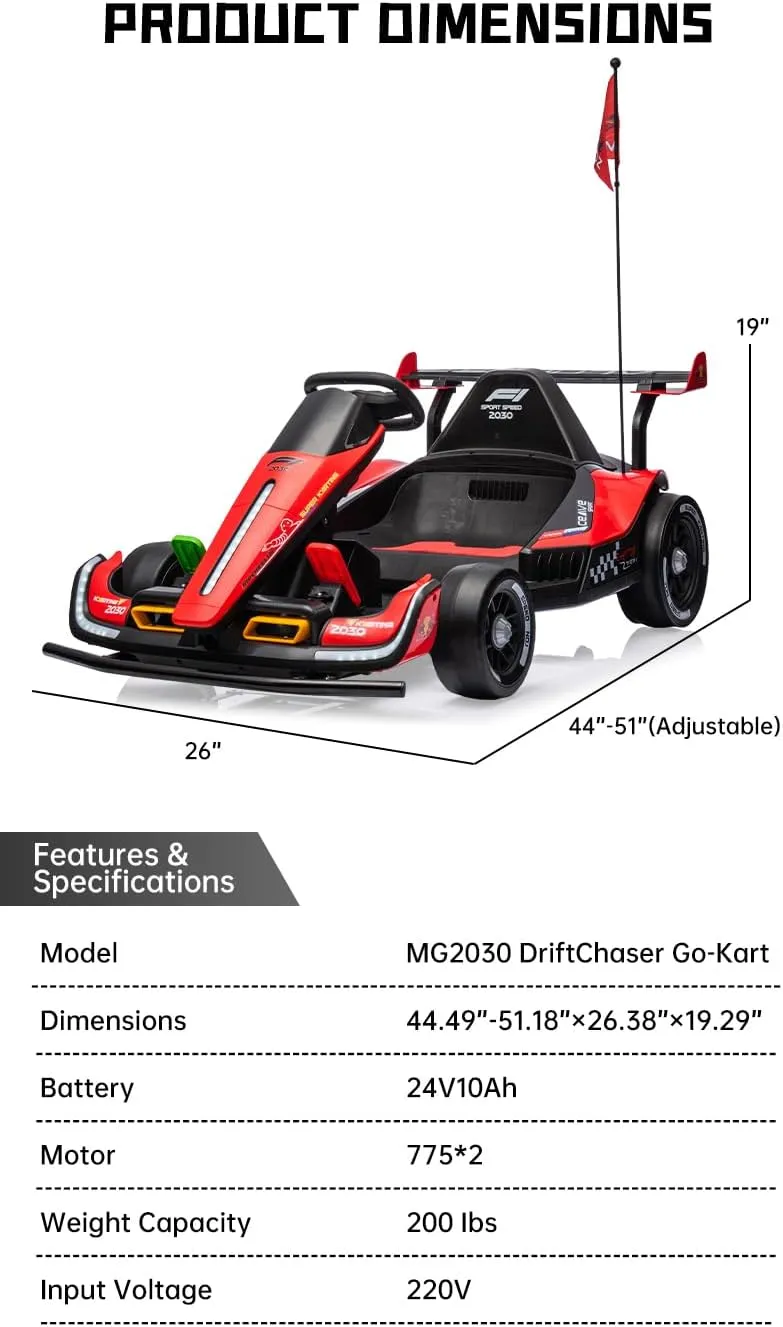 UNICOO® DriftChaser™ Childrens Go Kart, 24V Rechargeable Ride-On Toy, Electric Scooter for Kids 6-12 , Electric Car for Kids, LED Lights, Remote Control, Adjustable Seat, Bluetooth (Flame Red)