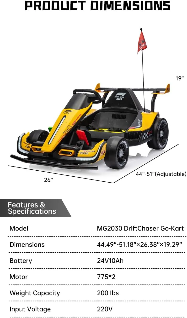 UNICOO® DriftChaser™ Childrens Go Kart, 24V Rechargeable Ride-On Toy, Electric Scooter for Kids 6-12 , Electric Car for Kids, LED Lights, Remote Control, Adjustable Seat, Bluetooth (Lightning Yellow)