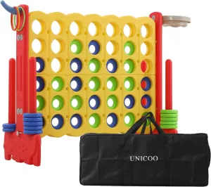 UNICOO Giant 4-in-A-Row with Carry Bag, Ring Toss, Basketball Hoop - Large Outdoor Game for Family Fun - Big Jumbo Game Set for Backyard Parties, BBQs, and Gatherings (Red   Yellow)