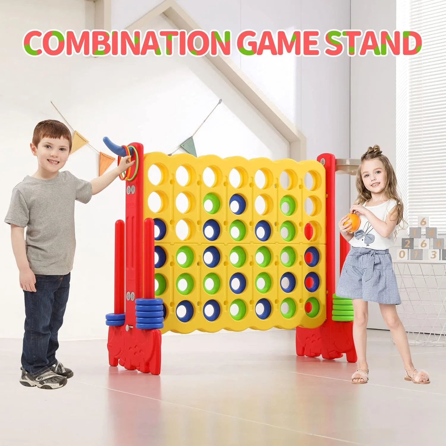UNICOO Giant 4-in-A-Row with Carry Bag, Ring Toss, Basketball Hoop - Large Outdoor Game for Family Fun - Big Jumbo Game Set for Backyard Parties, BBQs, and Gatherings (Red   Yellow)