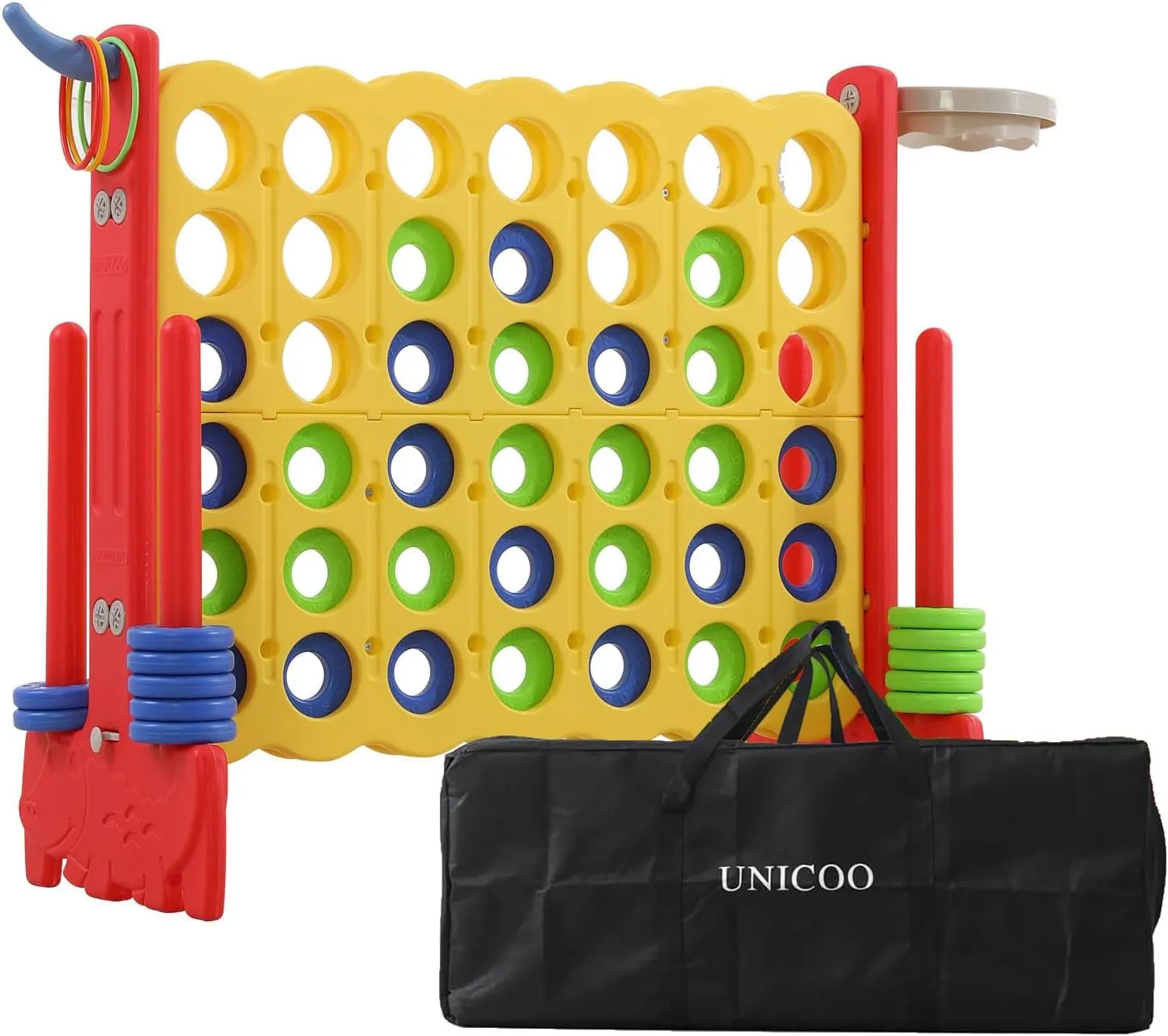 UNICOO Giant 4-in-A-Row with Carry Bag, Ring Toss, Basketball Hoop - Large Outdoor Game for Family Fun - Big Jumbo Game Set for Backyard Parties, BBQs, and Gatherings (Red   Yellow)