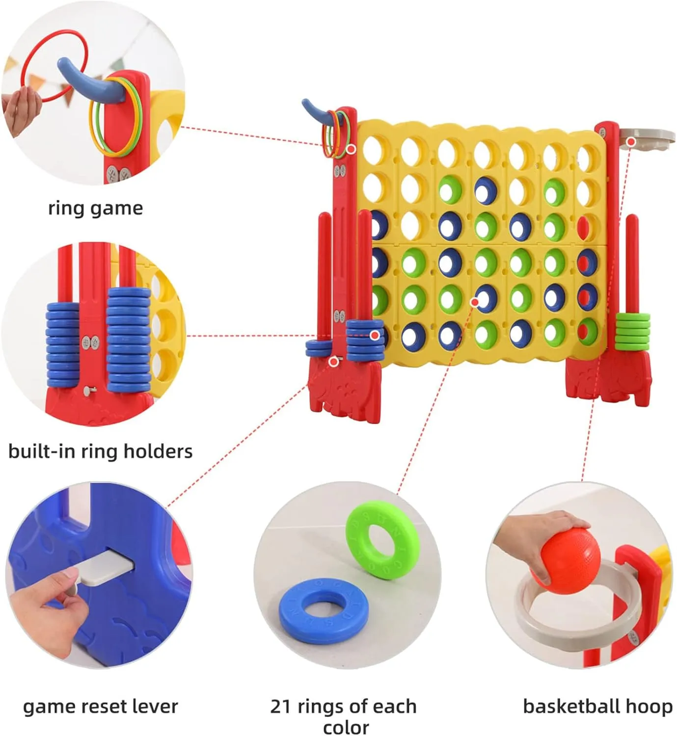 UNICOO Giant 4-in-A-Row with Carry Bag, Ring Toss, Basketball Hoop - Large Outdoor Game for Family Fun - Big Jumbo Game Set for Backyard Parties, BBQs, and Gatherings (Red   Yellow)