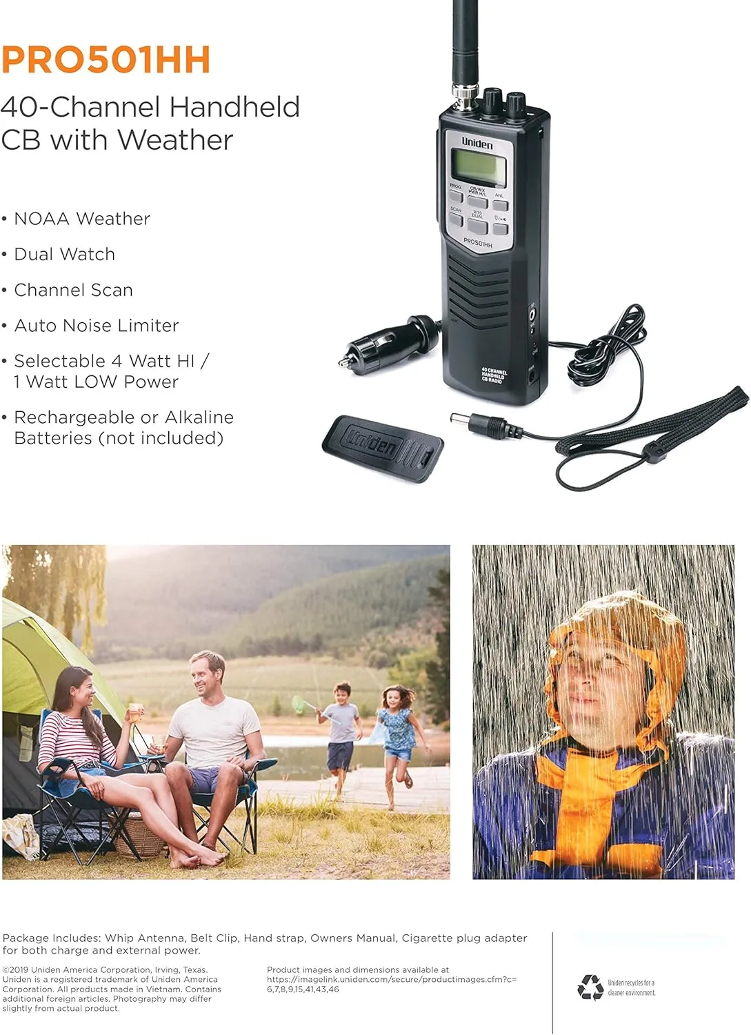 Uniden PRO501HH Pro-Series 40-Channel Portable Handheld CB Radio/Emergency/Travel Radio, Large LCD Display, High/Low Power Saver, 4-Watts, Auto Noise Limiter, NOAA Weather, and Earphone Jack