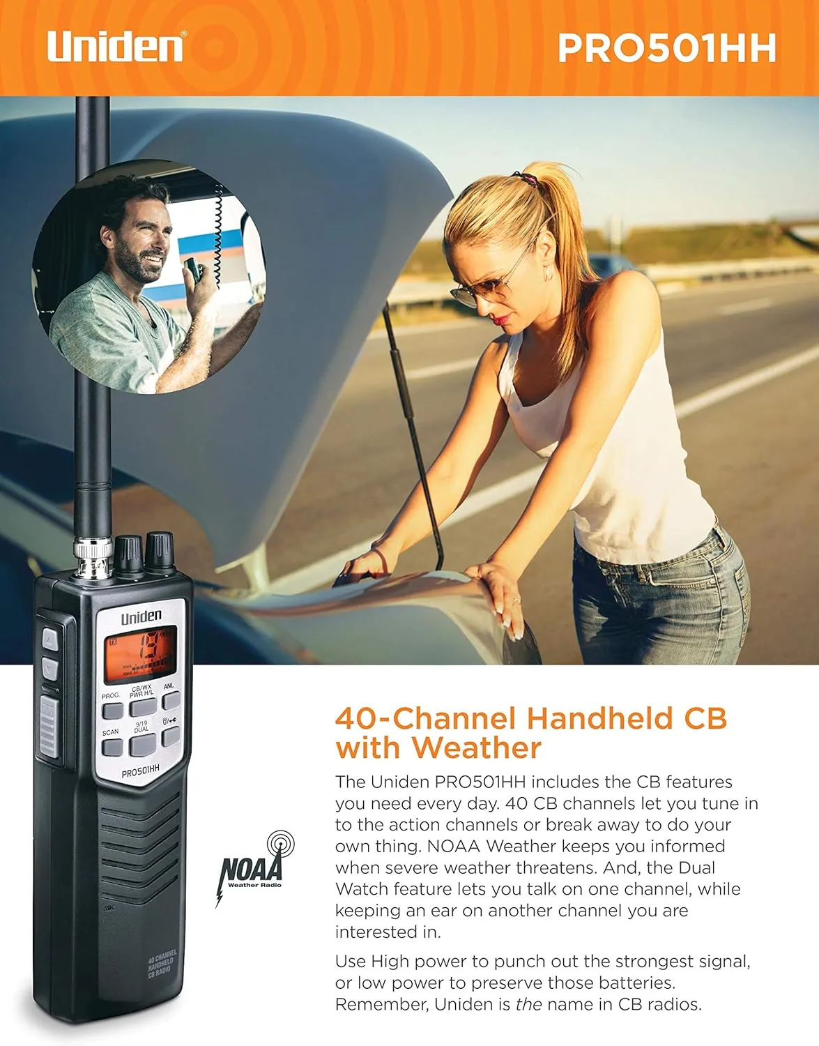 Uniden PRO501HH Pro-Series 40-Channel Portable Handheld CB Radio/Emergency/Travel Radio, Large LCD Display, High/Low Power Saver, 4-Watts, Auto Noise Limiter, NOAA Weather, and Earphone Jack