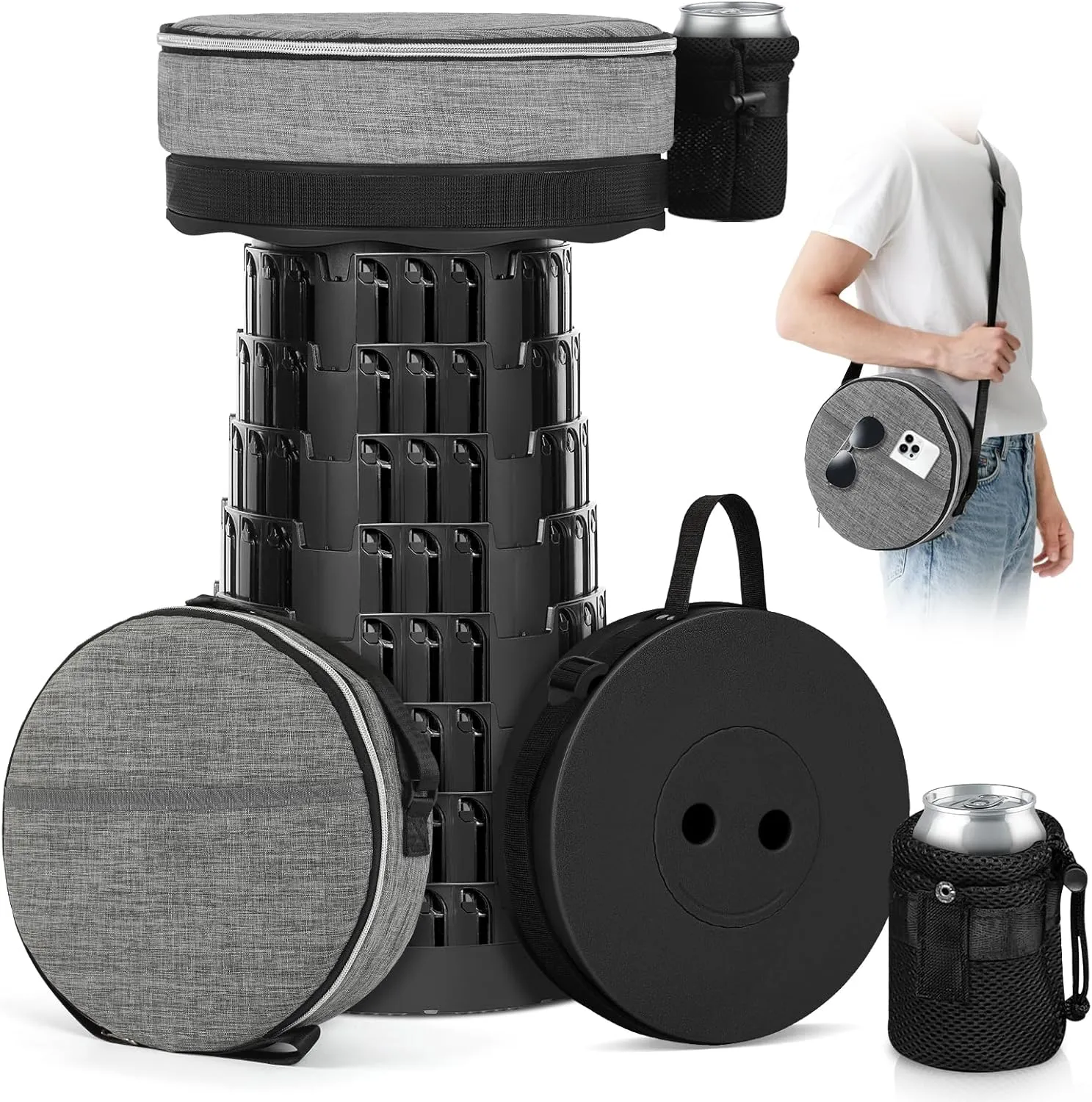 Upgraded Collapsible Stool with Load Capacity 600lbs, Stable Folding Stool with Triple Slide, Portable Camping Chair 3-in-1 Carry Bag, Retractable Telescoping Seat for Travel Hiking(Black)