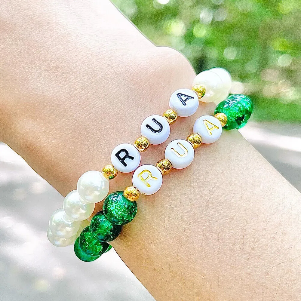 US Custom Name Bracelet Faux Pearl Jade Crystal Beaded Stackable Mama Bracelet