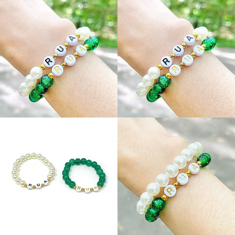 US Custom Name Bracelet Faux Pearl Jade Crystal Beaded Stackable Mama Bracelet