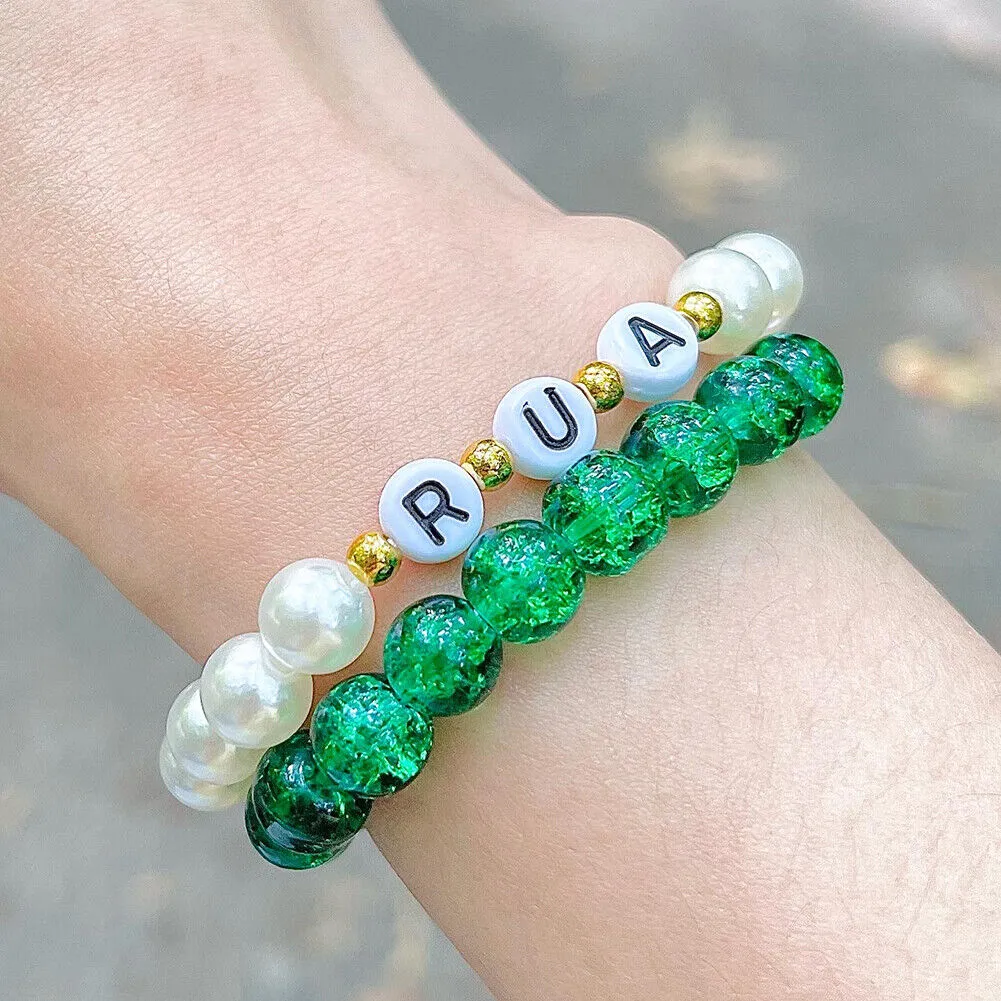 US Custom Name Bracelet Faux Pearl Jade Crystal Beaded Stackable Mama Bracelet