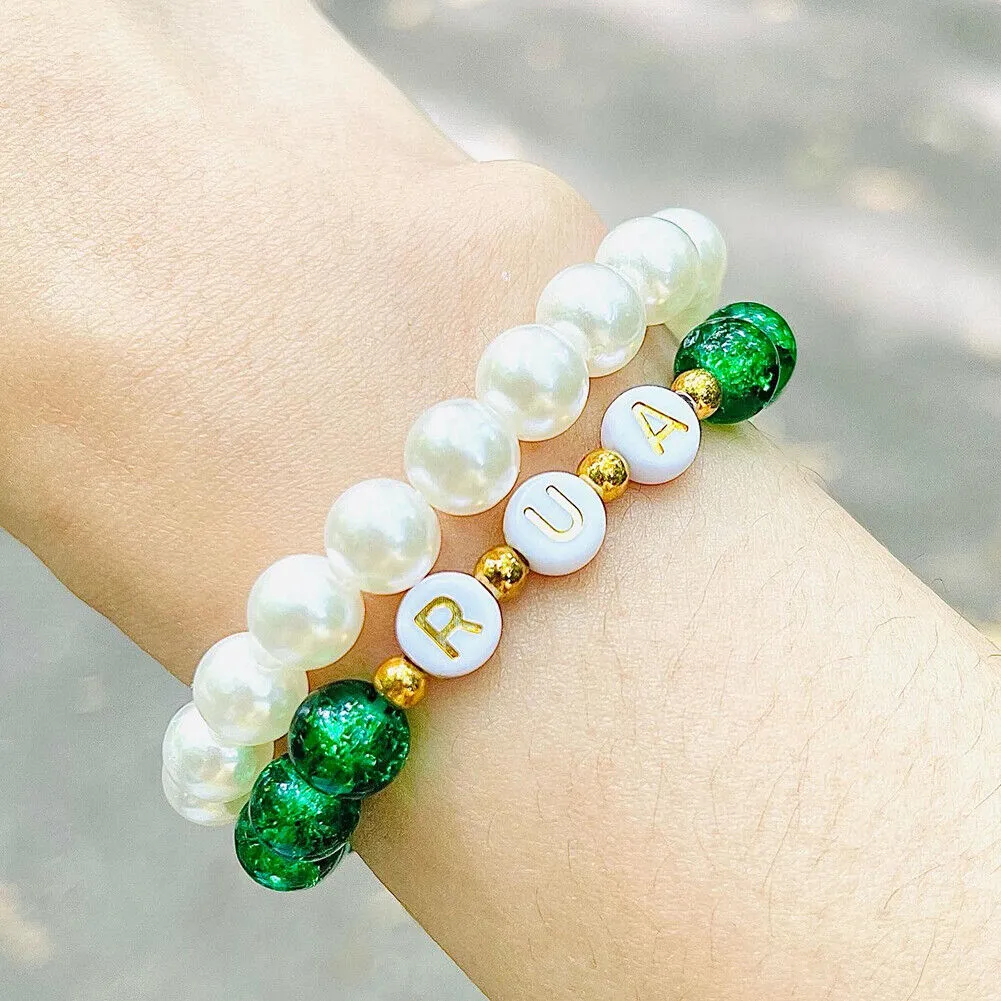 US Custom Name Bracelet Faux Pearl Jade Crystal Beaded Stackable Mama Bracelet