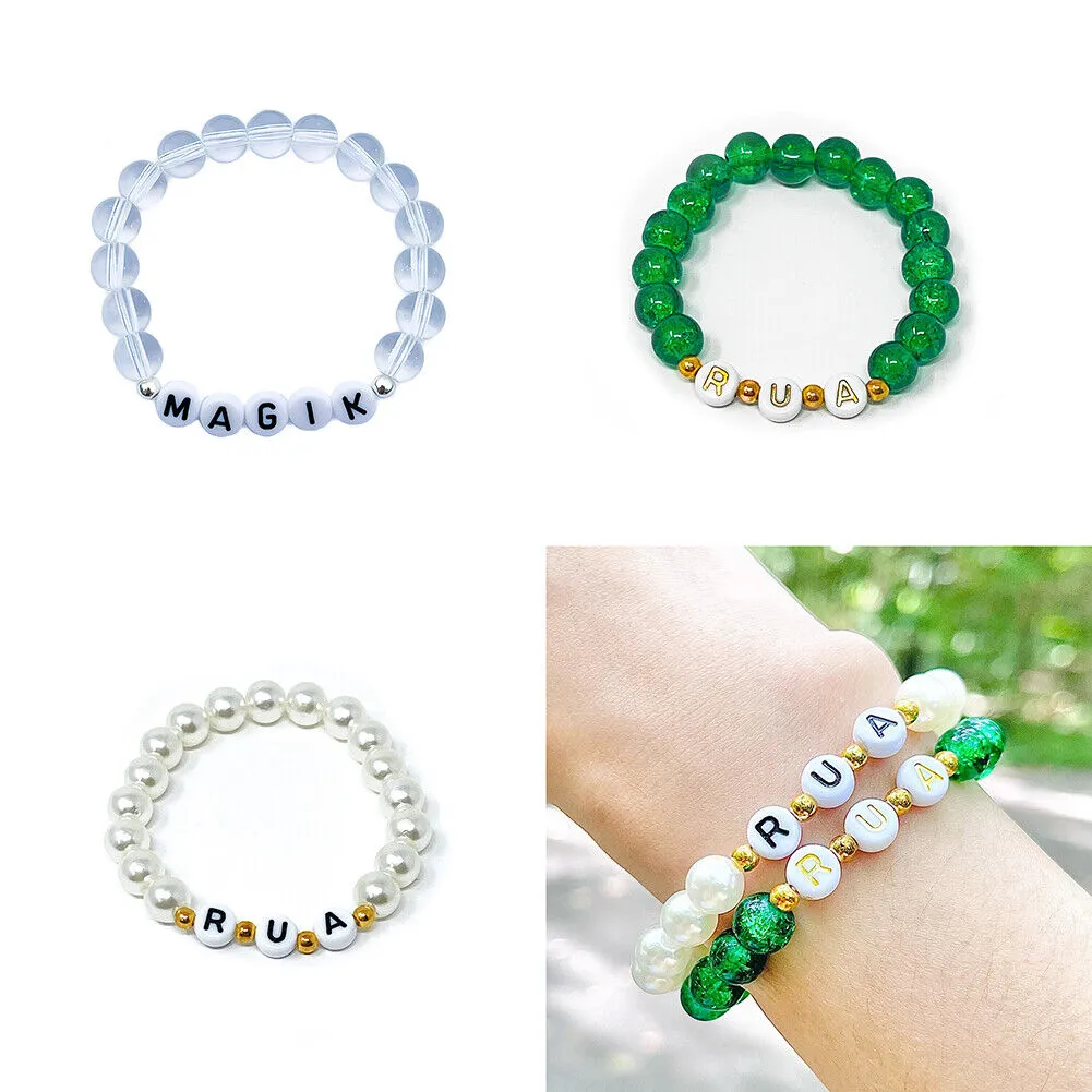 US Custom Name Bracelet Faux Pearl Jade Crystal Beaded Stackable Mama Bracelet