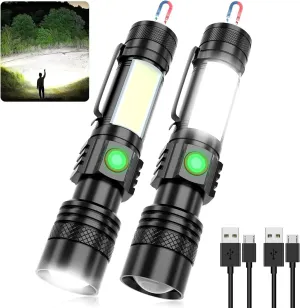 USB Rechargeable Flashlight, Led Magnetic Flashlights Super Bright Tactical Flashlights with Cob Sidelight Waterproof Zoomable 6 Modes USB Rechargeable for Camping Emergency