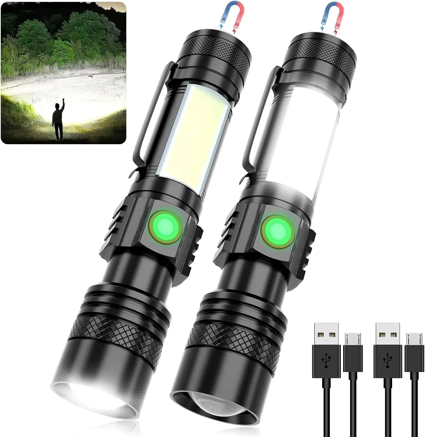 USB Rechargeable Flashlight, Led Magnetic Flashlights Super Bright Tactical Flashlights with Cob Sidelight Waterproof Zoomable 6 Modes USB Rechargeable for Camping Emergency